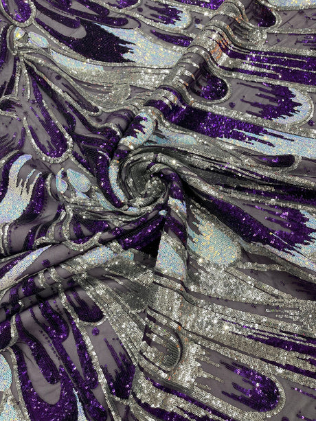 Feather Wing Sequin Fabric - Iridescent Feather Damask, 54" Width (1 Yard)