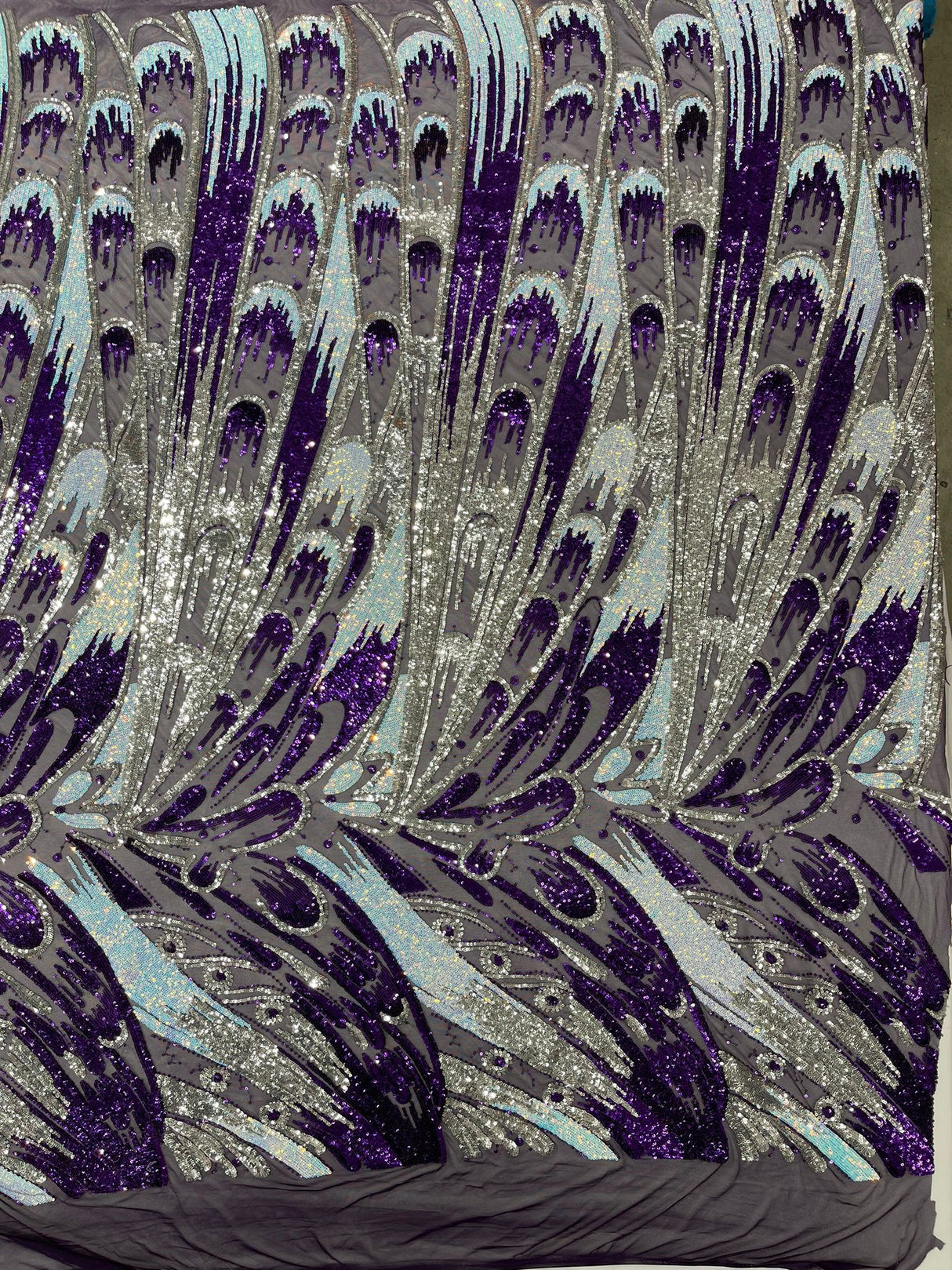 Feather Wing Sequin Fabric - Iridescent Feather Damask, 54" Width (1 Yard)