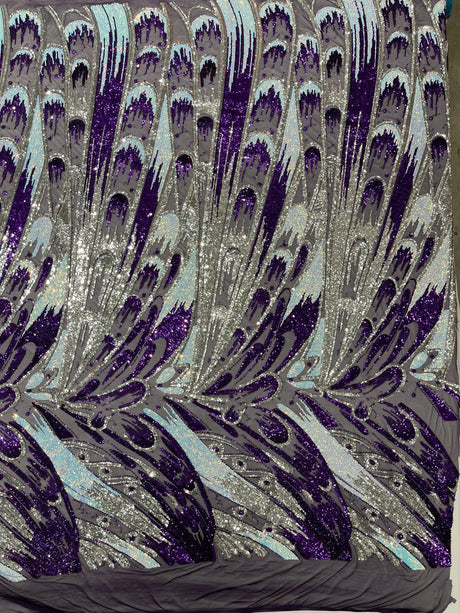 Feather Wing Sequin Fabric - Iridescent Feather Damask, 54" Width (1 Yard)
