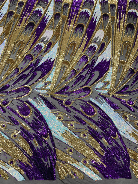 Feather Wing Sequin Fabric - Iridescent Feather Damask, 54" Width (1 Yard)