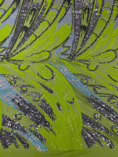 Feather Wing Sequin Fabric - Iridescent Feather Damask, 54" Width (1 Yard)