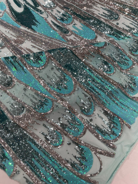 Feather Wing Sequin Fabric - Iridescent Feather Damask, 54" Width (1 Yard)