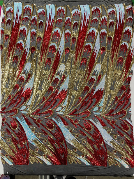 Feather Wing Sequin Fabric - Iridescent Feather Damask, 54" Width (1 Yard)