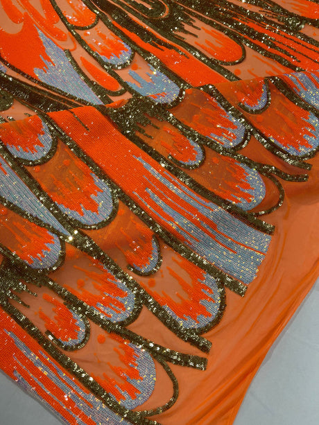 Feather Wing Sequin Fabric - Iridescent Feather Damask, 54" Width (1 Yard)