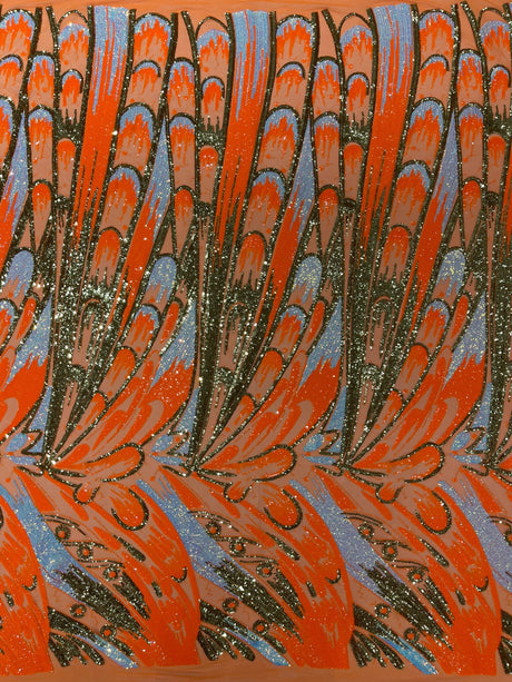 Feather Wing Sequin Fabric - Iridescent Feather Damask, 54" Width (1 Yard)