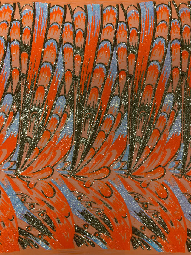 Feather Wing Sequin Fabric - Iridescent Feather Damask, 54" Width (1 Yard)