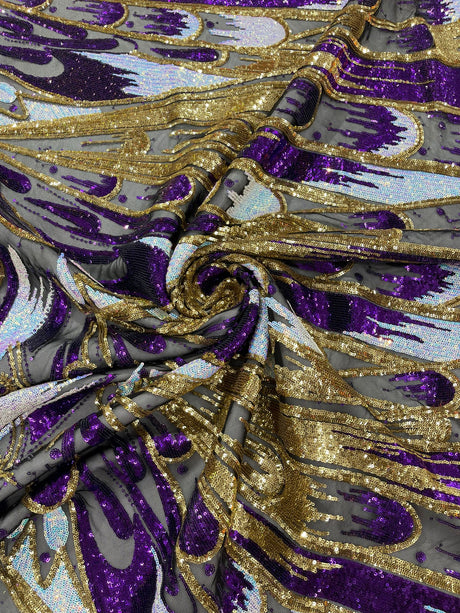 Feather Wing Sequin Fabric - Iridescent Feather Damask, 54" Width (1 Yard)