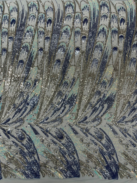 Feather Wing Sequin Fabric - Iridescent Feather Damask, 54" Width (1 Yard)