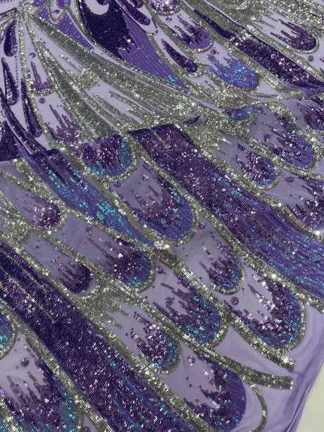 Feather Wing Sequin Fabric - Iridescent Feather Damask, 54" Width (1 Yard)