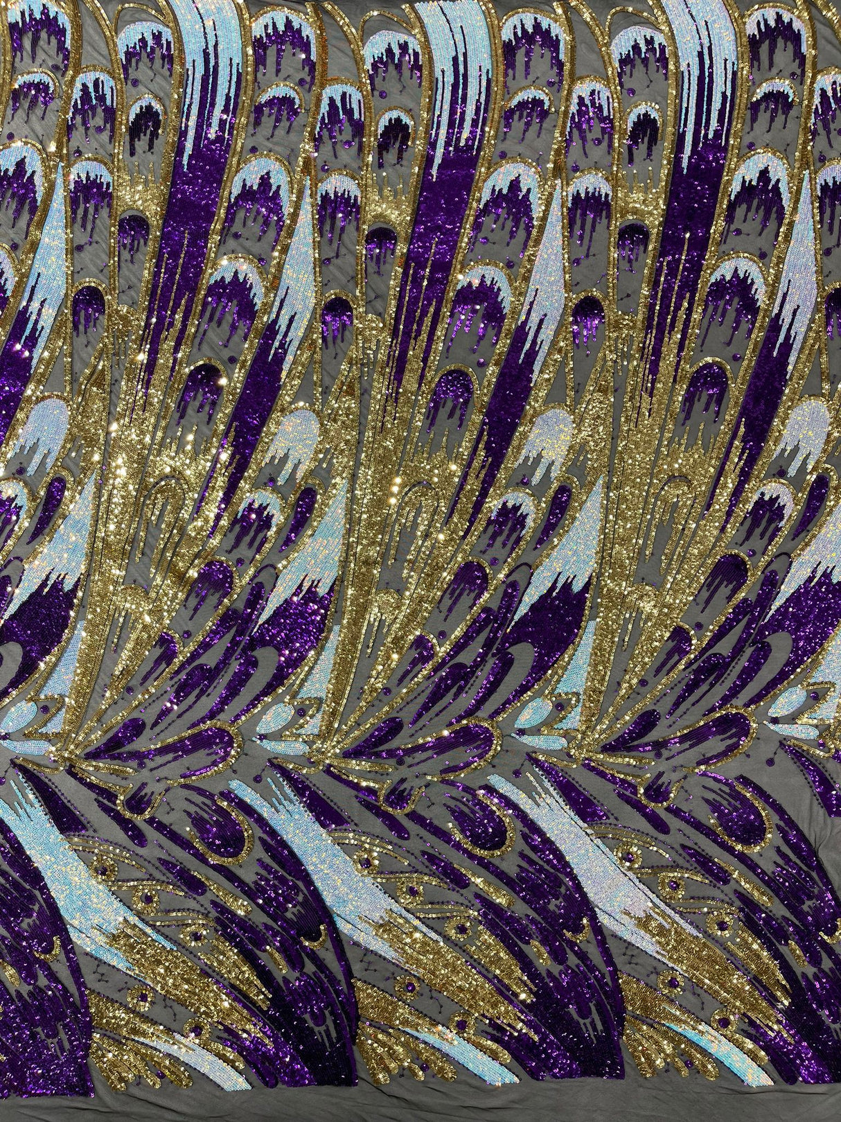 Feather Wing Sequin Fabric - Iridescent Feather Damask, 54" Width (1 Yard)