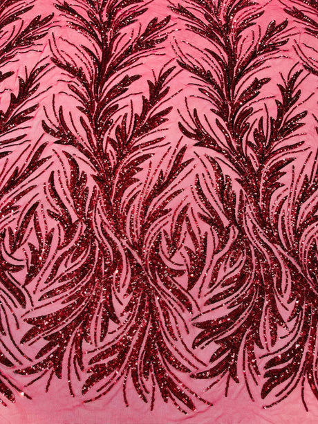 Feather Wing Shiny Sequin Mesh Fabric - Feather Wing Sequin Design, 54" Width (1 Yard)