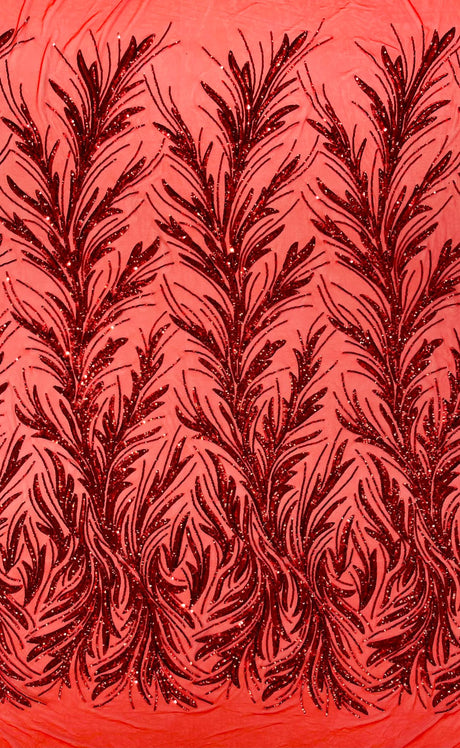 Feather Wing Shiny Sequin Mesh Fabric - Feather Wing Sequin Design, 54" Width (1 Yard)