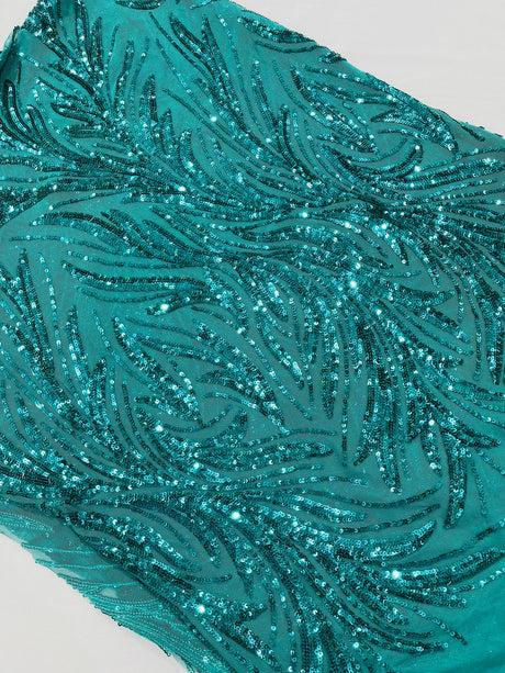 Feather Wing Shiny Sequin Mesh Fabric - Feather Wing Sequin Design, 54" Width (1 Yard)