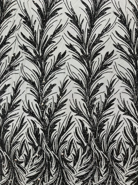Feather Wing Shiny Sequin Mesh Fabric - Feather Wing Sequin Design, 54" Width (1 Yard)