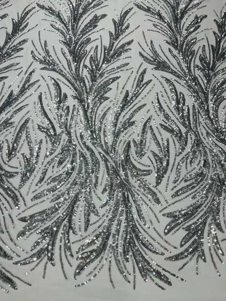 Feather Wing Shiny Sequin Mesh Fabric - Feather Wing Sequin Design, 54" Width (1 Yard)