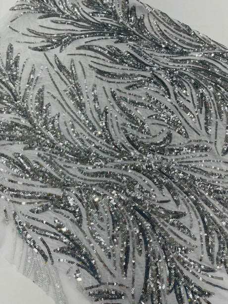 Feather Wing Shiny Sequin Mesh Fabric - Feather Wing Sequin Design, 54" Width (1 Yard)