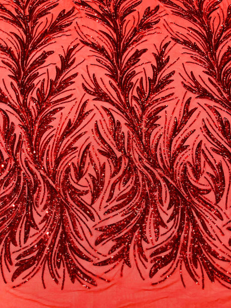 Feather Wing Shiny Sequin Mesh Fabric - Feather Wing Sequin Design, 54" Width (1 Yard)