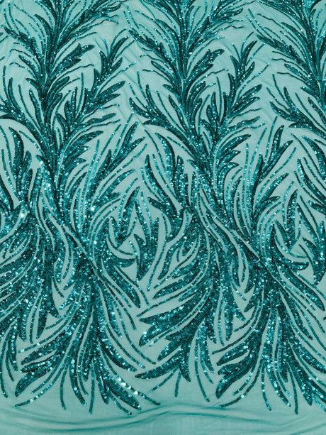 Feather Wing Shiny Sequin Mesh Fabric - Feather Wing Sequin Design, 54" Width (1 Yard)
