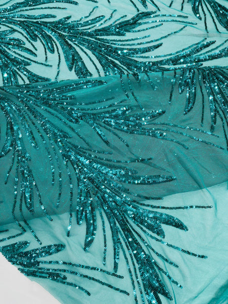 Feather Wing Shiny Sequin Mesh Fabric - Feather Wing Sequin Design, 54" Width (1 Yard)
