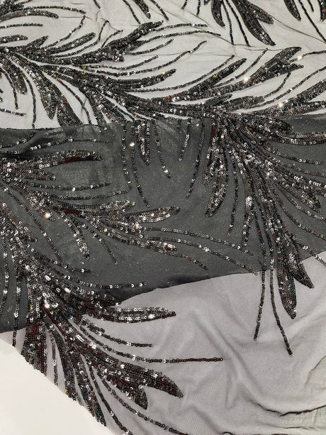 Feather Wing Shiny Sequin Mesh Fabric - Feather Wing Sequin Design, 54" Width (1 Yard)