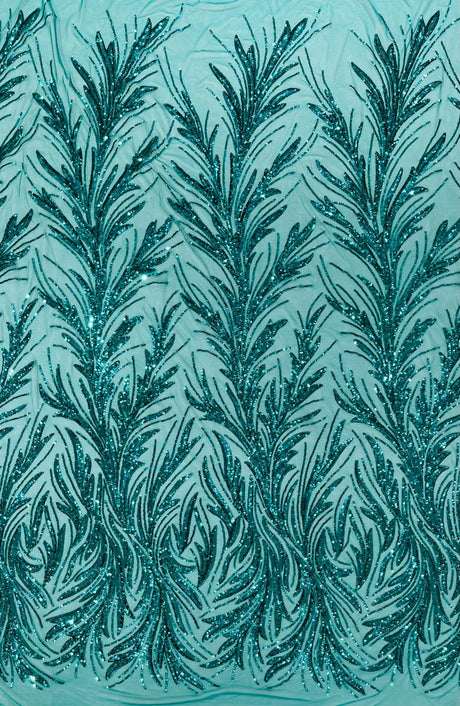 Feather Wing Shiny Sequin Mesh Fabric - Feather Wing Sequin Design, 54" Width (1 Yard)