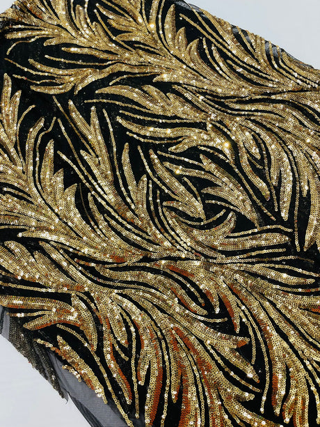 Feather Wing Shiny Sequin Mesh Fabric - Feather Wing Sequin Design, 54" Width (1 Yard)