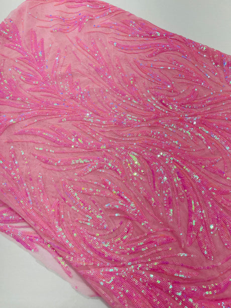 Feather Wing Shiny Sequin Mesh Fabric - Feather Wing Sequin Design, 54" Width (1 Yard)