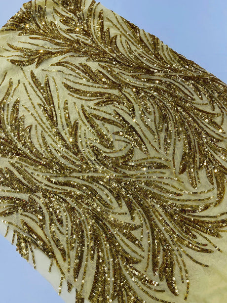 Feather Wing Shiny Sequin Mesh Fabric - Feather Wing Sequin Design, 54" Width (1 Yard)