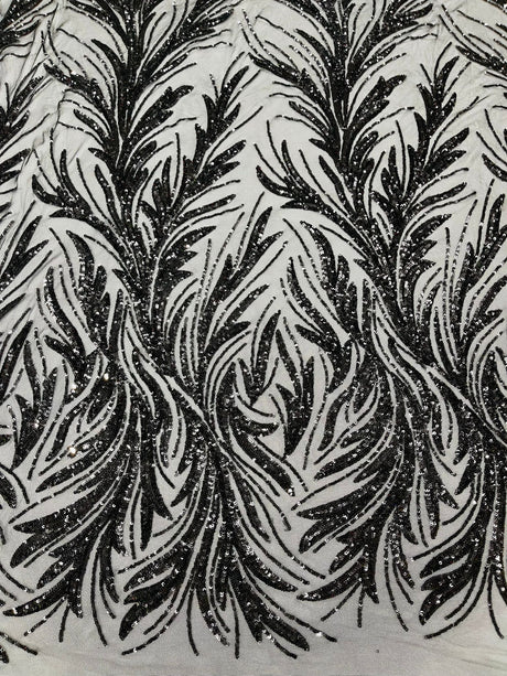 Feather Wing Shiny Sequin Mesh Fabric - Feather Wing Sequin Design, 54" Width (1 Yard)