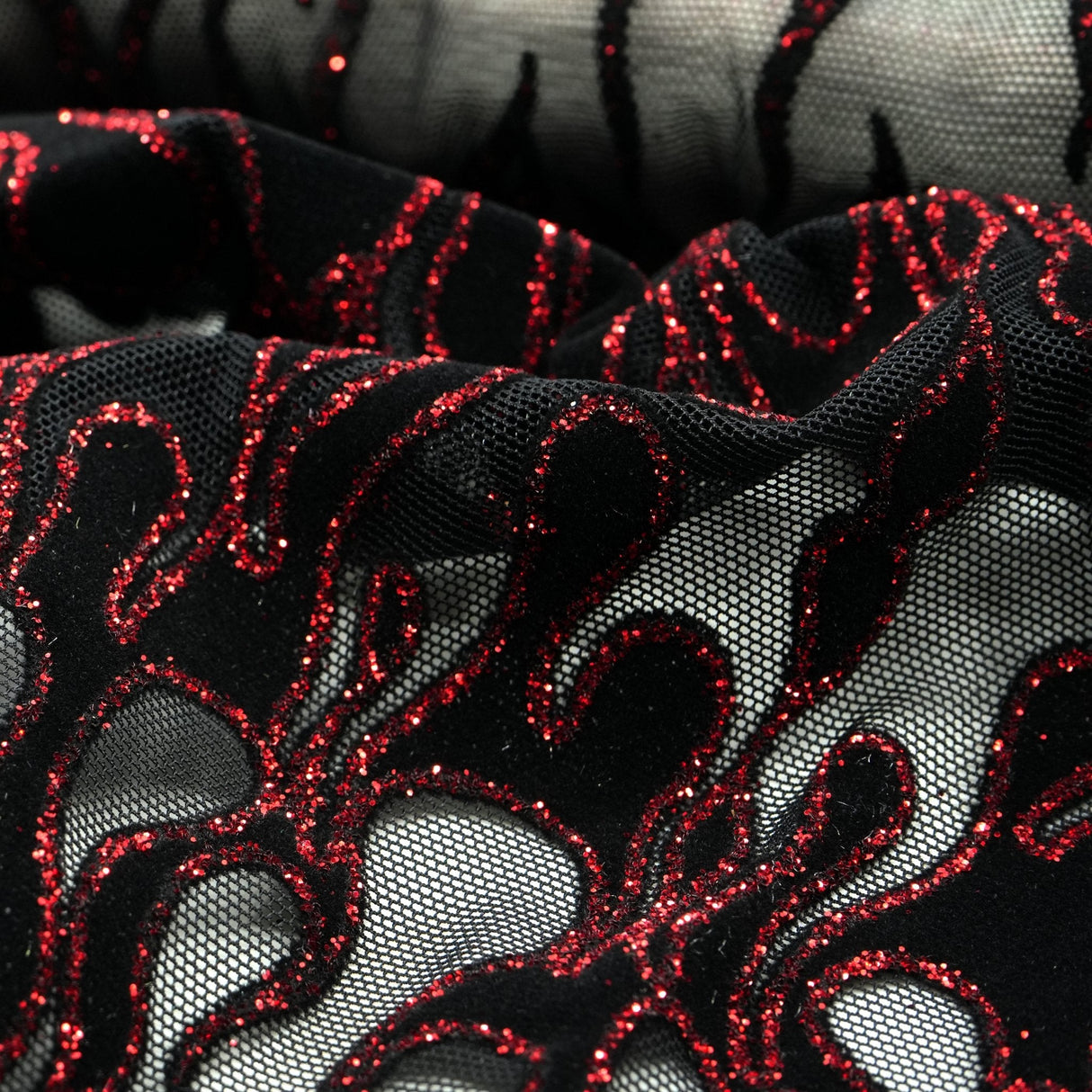 Fiery Glittered Flocked Stretch Mesh Nylon Spandex Fabric - Glittered Flocked Stretch Mesh, 58" Width (1 Yard)