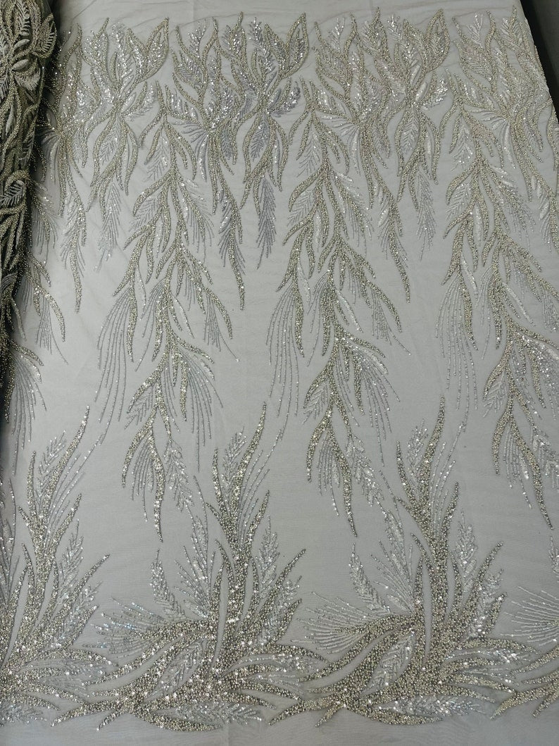 Fiesta Beaded Lace Polyester Fabric - Hand Beaded Vine Lace, 50" Width, 36" Length (1 Yard)