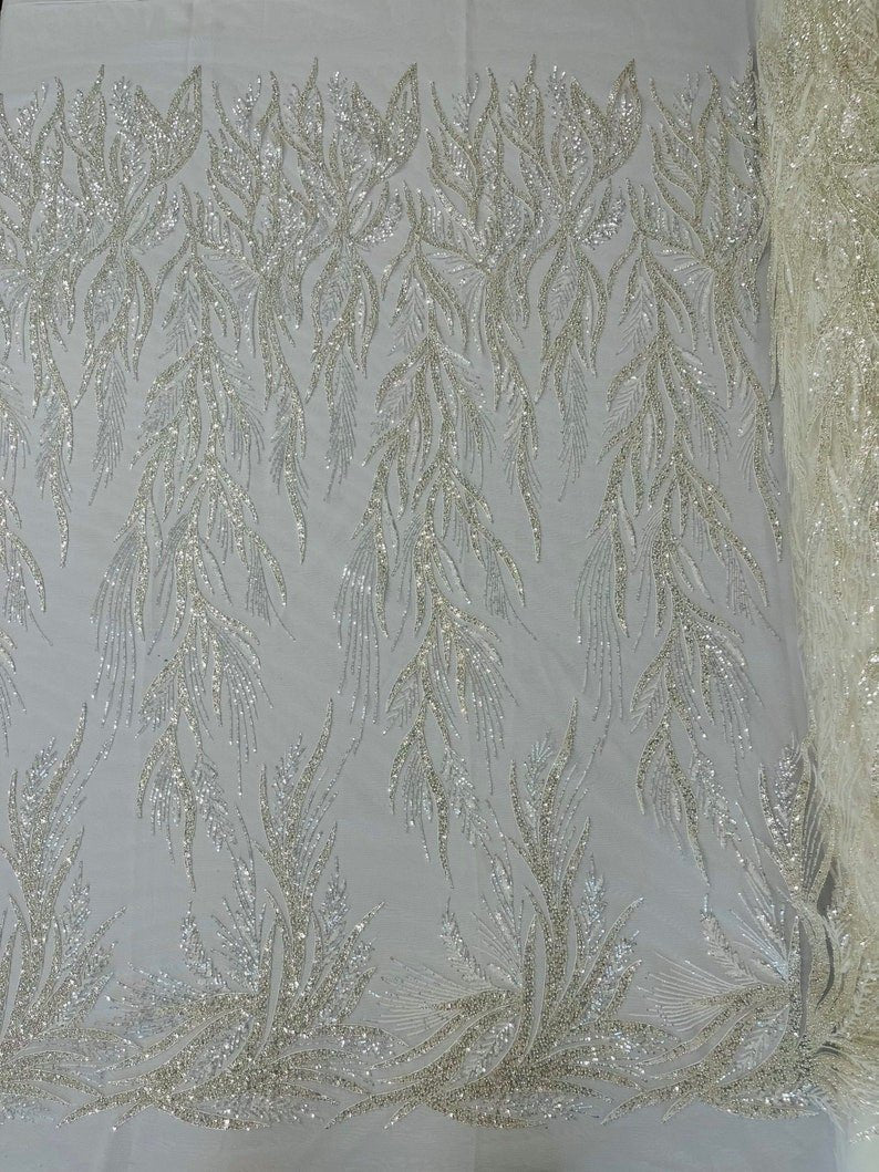 Fiesta Beaded Lace Polyester Fabric - Hand Beaded Vine Lace, 50" Width, 36" Length (1 Yard)