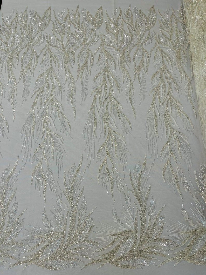 Fiesta Beaded Lace Polyester Fabric - Hand Beaded Vine Lace, 50" Width, 36" Length (1 Yard)