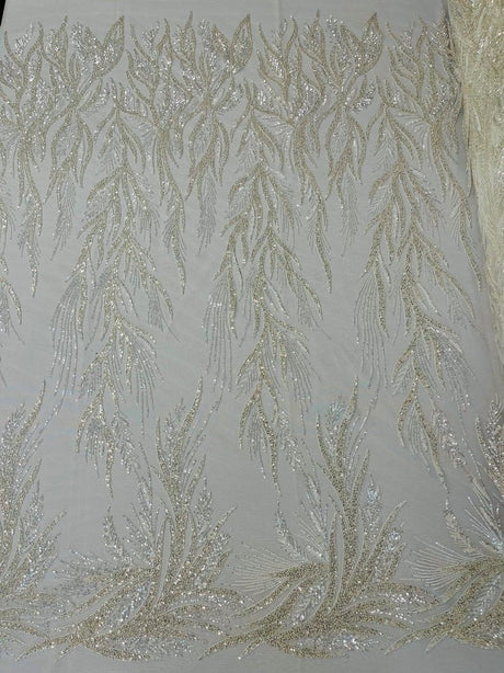 Fiesta Beaded Lace Polyester Fabric - Hand Beaded Vine Lace, 50" Width, 36" Length (1 Yard)