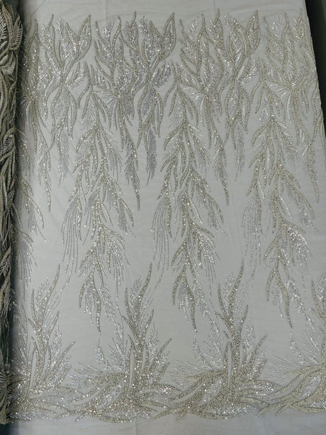 Fiesta Beaded Lace Polyester Fabric - Hand Beaded Vine Lace, 50" Width, 36" Length (1 Yard)