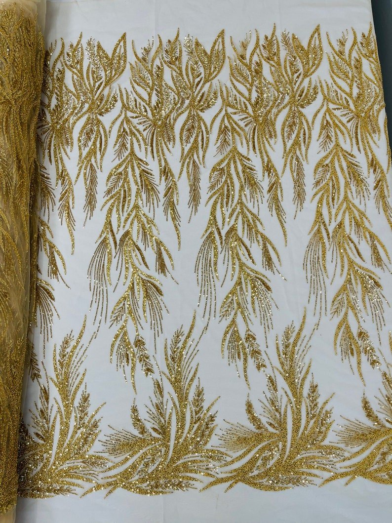 Fiesta Beaded Lace Polyester Fabric - Hand Beaded Vine Lace, 50" Width, 36" Length (1 Yard)