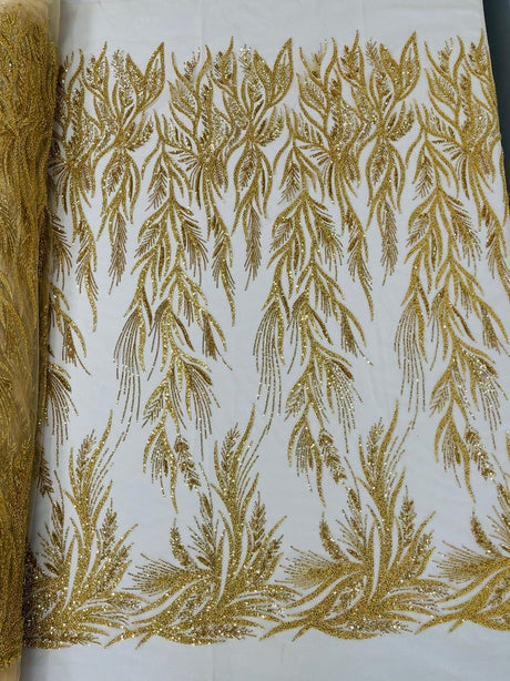 Fiesta Beaded Lace Polyester Fabric - Hand Beaded Vine Lace, 50" Width, 36" Length (1 Yard)