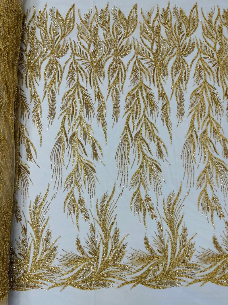 Fiesta Beaded Lace Polyester Fabric - Hand Beaded Vine Lace, 50" Width, 36" Length (1 Yard)
