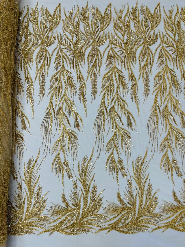 Fiesta Beaded Lace Polyester Fabric - Hand Beaded Vine Lace, 50" Width, 36" Length (1 Yard)