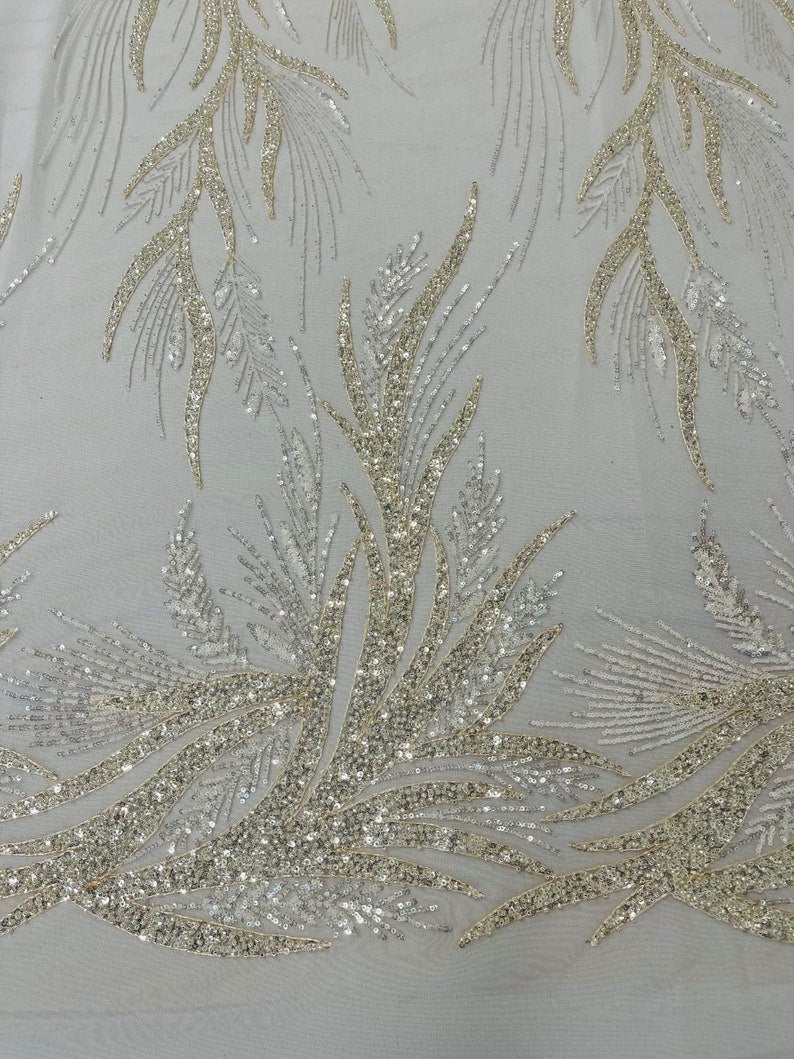 Fiesta Beaded Lace Polyester Fabric - Hand Beaded Vine Lace, 50" Width, 36" Length (1 Yard)
