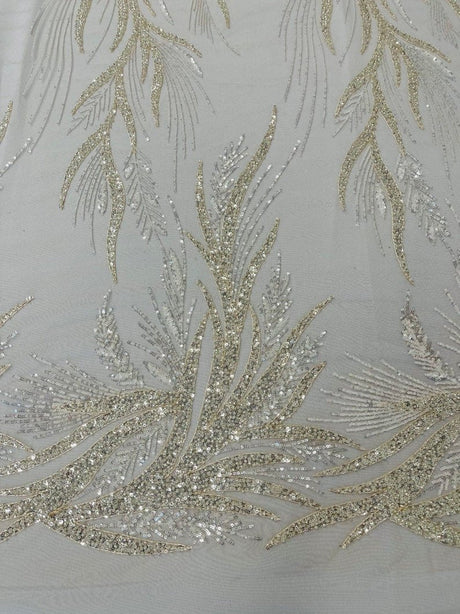 Fiesta Beaded Lace Polyester Fabric - Hand Beaded Vine Lace, 50" Width, 36" Length (1 Yard)