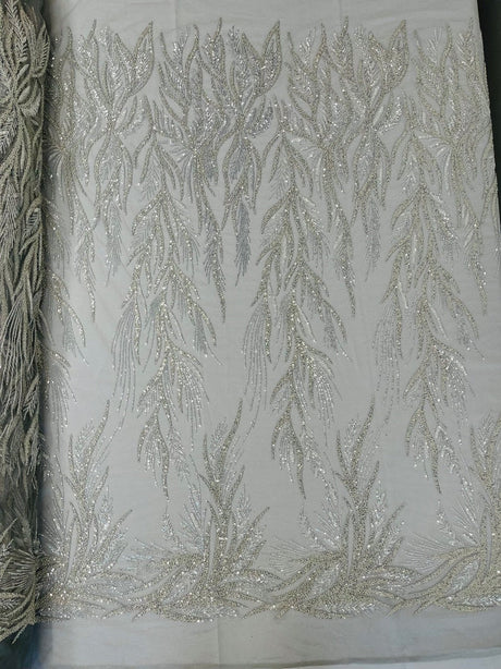Fiesta Beaded Lace Polyester Fabric - Hand Beaded Vine Lace, 50" Width, 36" Length (1 Yard)