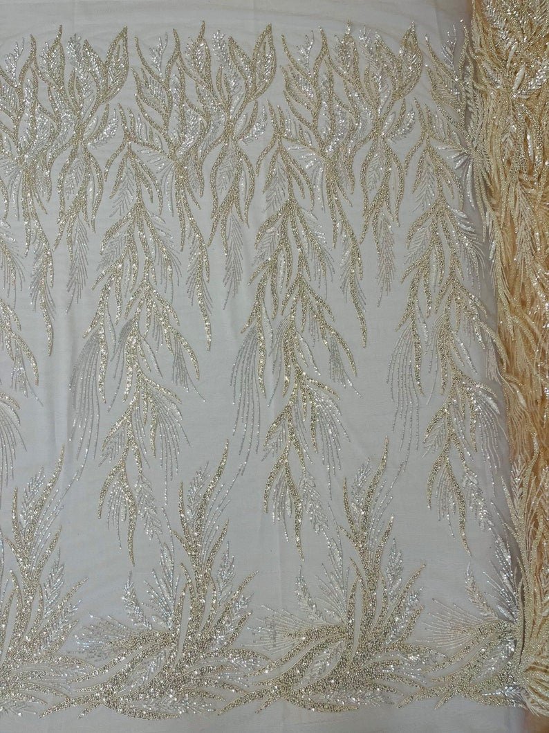 Fiesta Beaded Lace Polyester Fabric - Hand Beaded Vine Lace, 50" Width, 36" Length (1 Yard)