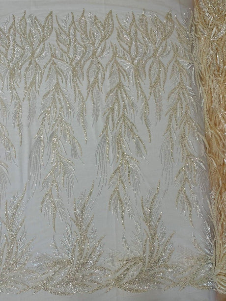 Fiesta Beaded Lace Polyester Fabric - Hand Beaded Vine Lace, 50" Width, 36" Length (1 Yard)