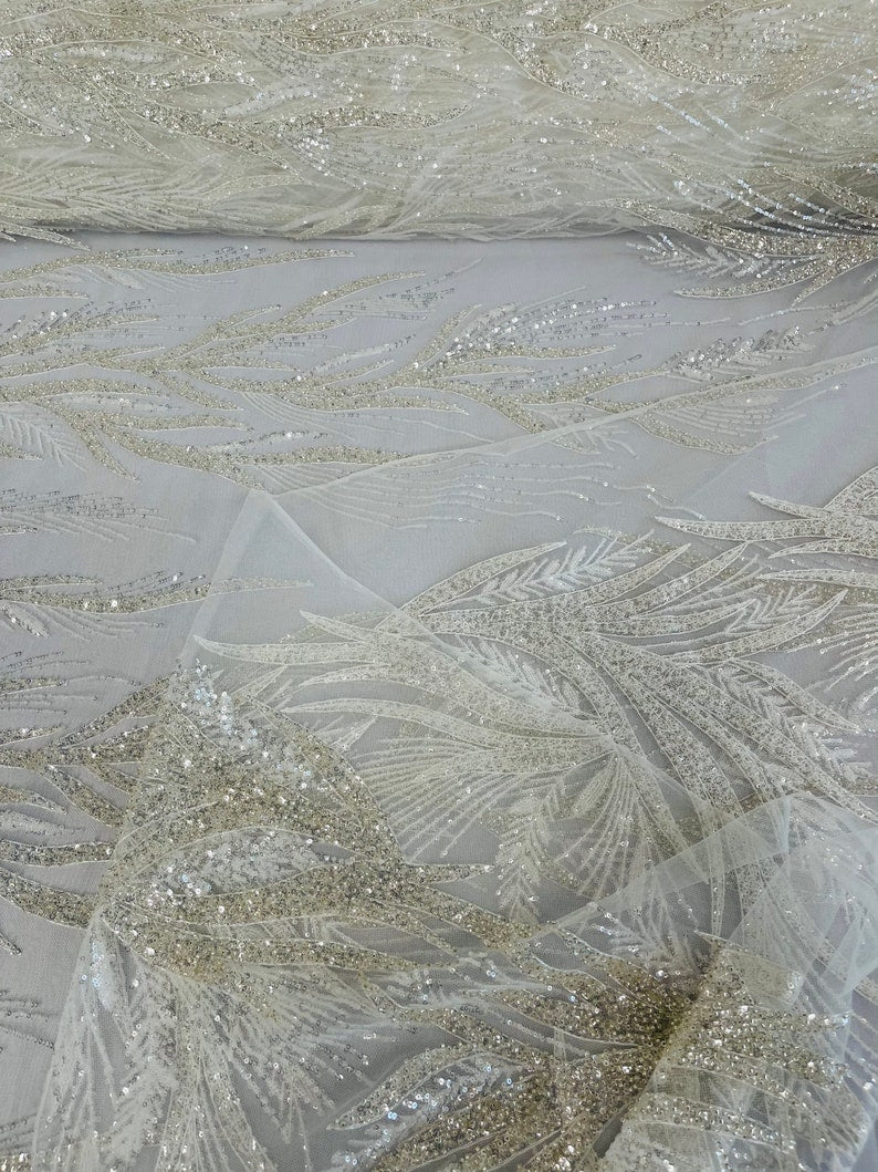 Fiesta Beaded Lace Polyester Fabric - Hand Beaded Vine Lace, 50" Width, 36" Length (1 Yard)