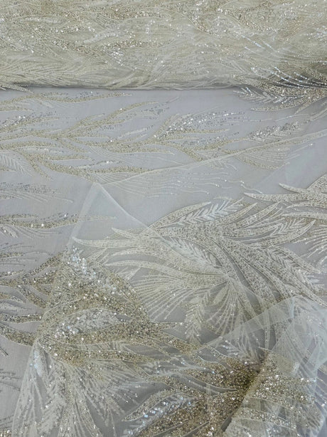 Fiesta Beaded Lace Polyester Fabric - Hand Beaded Vine Lace, 50" Width, 36" Length (1 Yard)
