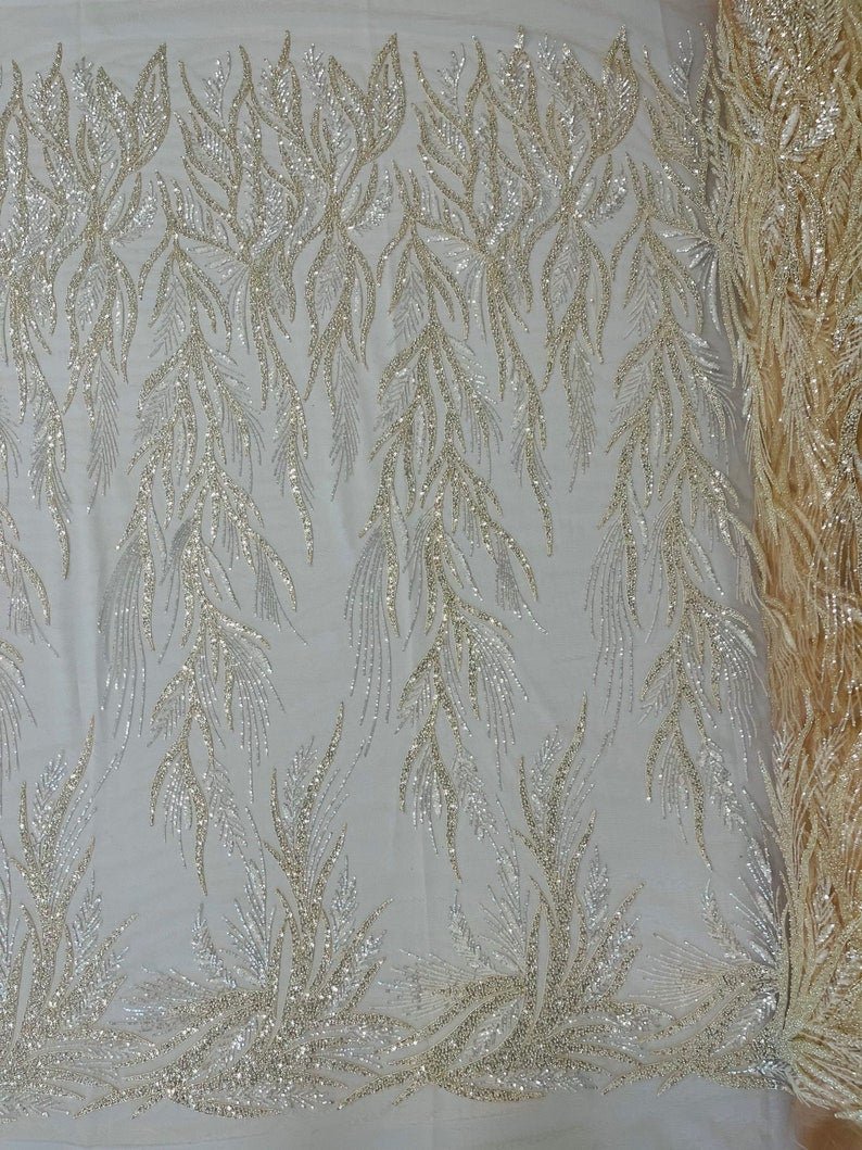 Fiesta Beaded Lace Polyester Fabric - Hand Beaded Vine Lace, 50" Width, 36" Length (1 Yard)