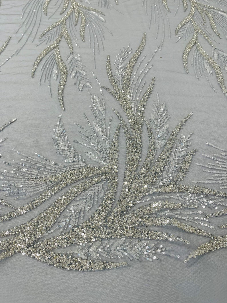 Fiesta Beaded Lace Polyester Fabric - Hand Beaded Vine Lace, 50" Width, 36" Length (1 Yard)