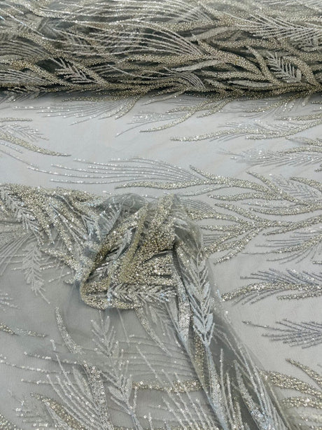 Fiesta Beaded Lace Polyester Fabric - Hand Beaded Vine Lace, 50" Width, 36" Length (1 Yard)