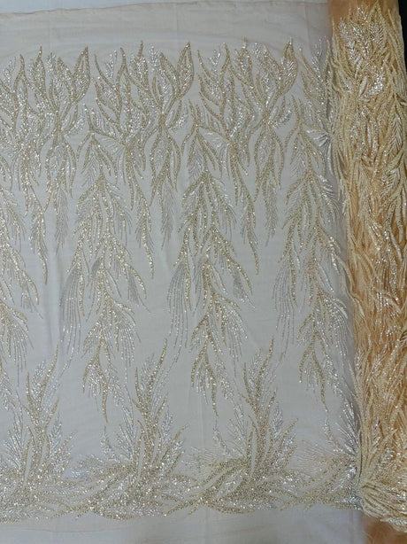 Fiesta Beaded Lace Polyester Fabric - Hand Beaded Vine Lace, 50" Width, 36" Length (1 Yard)